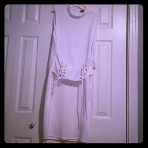 Mock neck white dress with attached wide belt